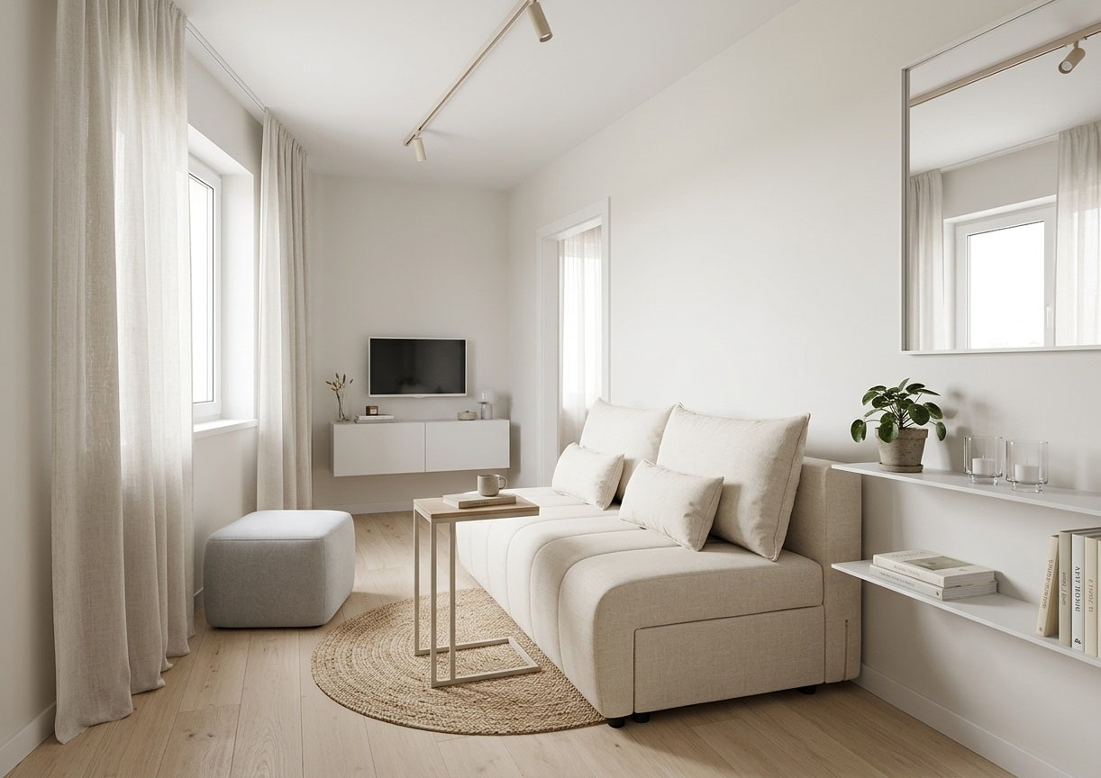 Nowoczesna sofa bez boków sprawdzi sie w małym salonie nawet jak jest dość trudny aranżacyjnie